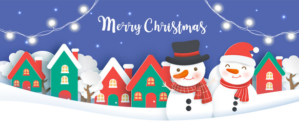 Christmas banner, background with a snowman in the snow village paper cut and craft style.