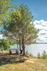 Fototapeta na wymiar Landscape by the lake in the forest with a wooden table/Lake in the forest with a picnic table. On a sunny day.