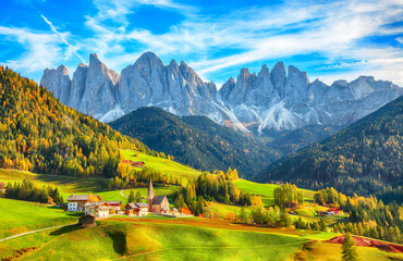 Marvelous autumn scene of magnificent  Santa Maddalena village in Dolomites - obrazy, fototapety, plakaty
