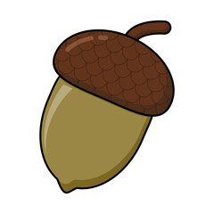 Oak acorn in green color cartoon isolated on white. Autumn symbol, design element. Illustration of single oak tree fruits cap. Autumnal clip art, seasonal vector element for invitation.