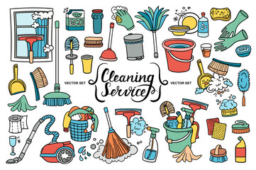 Vector colorful set on the theme of cleaning services, putting things in order, purity. Cartoon doodles for use in design. Hand drawn illustration - 383124892