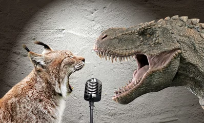 Crédence de cuisine en verre imprimé Dinosaures Dinosaurier und Luchs beim Singen
