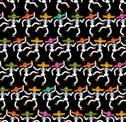 Day of dead in mexico pattern seamless. Dia de los Muertos Mexican holiday texture. Skeleton in sombrero background.
