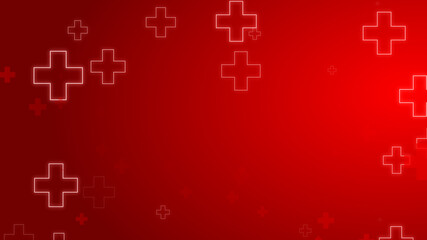 Medical health red cross neon light shapes pattern healthcare background.