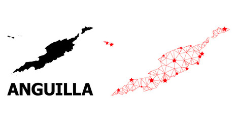 Fototapeta premium Wire frame polygonal and solid map of Anguilla Islands. Vector model is created from map of Anguilla Islands with red stars. Abstract lines and stars are combined into map of Anguilla Islands.