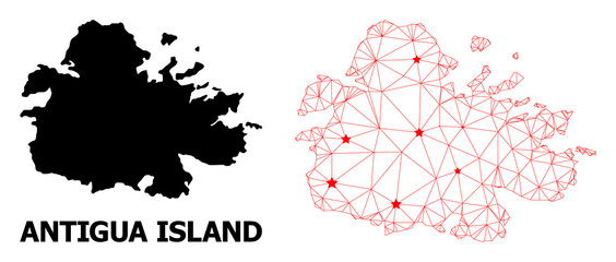 Carcass polygonal and solid map of Antigua Island. Vector structure is created from map of Antigua Island with red stars. Abstract lines and stars form map of Antigua Island.