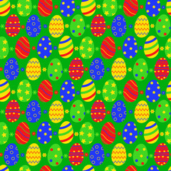 Seamless Easter pattern. Easter eggs on a green background. Background for design, packaging, Wallpaper, fabric