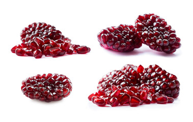 Pomegranate isolated on white background. Sweet and juicy garnet with copy space for text. Garnets isolated on white. Set of pomegranate seed from different angles on white. Pomegranate isolation.