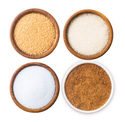 Heap of cane sugar, coconut sugar, white sugar and erythritol isolated on white  Top view. Sugar substitute and natural sugar on white background. Wooden bowl of sweetener isolated. Selective focus.
