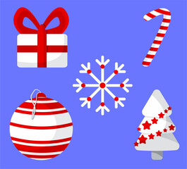 set of christmas decorations in white and red colors. christmas attributes. candy, box with ribbon, christmas ball. decorated tree.