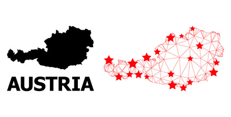 Mesh polygonal and solid map of Austria. Vector model is created from map of Austria with red stars. Abstract lines and stars are combined into map of Austria.