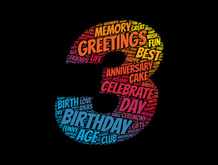 Happy 3rd birthday word cloud, holiday concept background