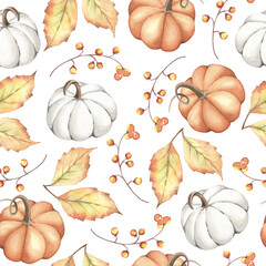 Watercolor seamless pattern with autumn leaves and pumpkins on a white background for decoration.