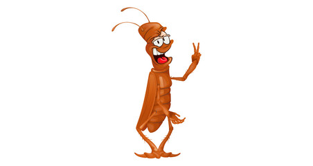Funny laughing cockroach that shows the world symbol in cartoon style