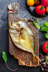 fish sea smoked vomer organic ingredient cook a snack meal on the table tasty serving size portion top view copy space for text food background rustic diet pescetarian