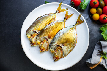 fish sea smoked vomer organic ingredient cook a snack meal on the table tasty serving size portion top view copy space for text food background rustic diet pescetarian