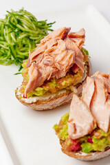 Sandwich with meat slices on white background