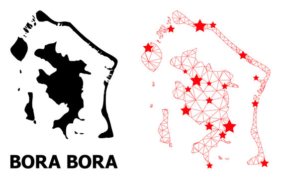 Mesh polygonal and solid map of Bora-Bora. Vector model is created from map of Bora-Bora with red stars. Abstract lines and stars are combined into map of Bora-Bora.