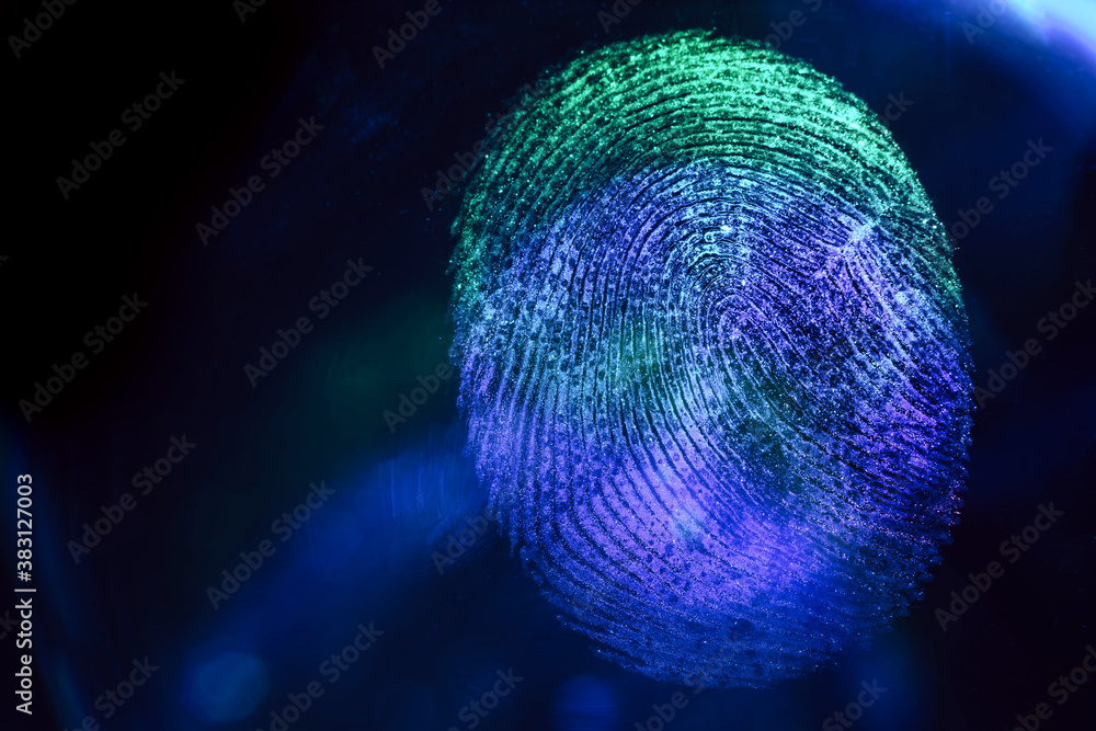 Poster close up beautiful abstract neon colored fingerprint on background texture for design. macro photogr