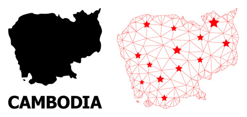 Obraz premium Network polygonal and solid map of Cambodia. Vector structure is created from map of Cambodia with red stars. Abstract lines and stars form map of Cambodia.