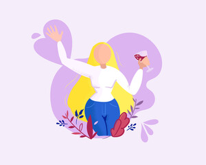 Blonde girl with a glass of wine in quarantine