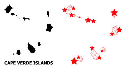Naklejka premium Network polygonal and solid map of Cape Verde Islands. Vector model is created from map of Cape Verde Islands with red stars. Abstract lines and stars are combined into map of Cape Verde Islands.