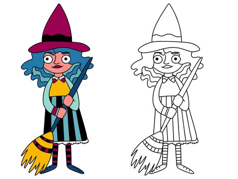 Halloween cartoon witch coloring page stock vector illustration. Fairy tale young witch character colorful and black outline white isolated. Simple cartoon halloween costumed girl coloring book page
