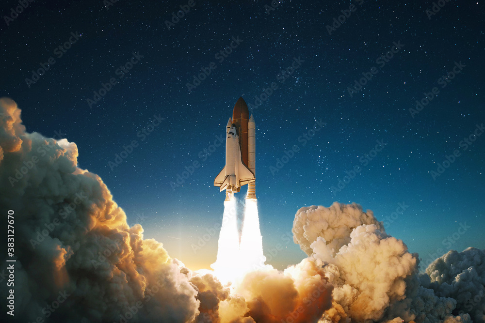 Poster new ship flies to another planet. spaceship takes off into the starry sky. rocket starts into space.