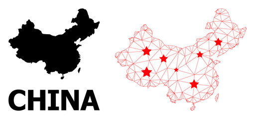 Mesh polygonal and solid map of China. Vector model is created from map of China with red stars. Abstract lines and stars form map of China. Linear frame flat polygonal mesh in vector EPS format.