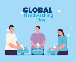 Global handswashing day men and woman washing hands with water tap design, Hygiene wash health and clean theme Vector illustration