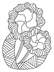 Funny fancy flower coloring page for kids and adults stock vector illustration. Simple black and white ornamental flower isolated on white. Decorative two flowers with two leaves black outline. 