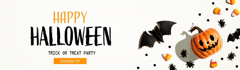 Halloween party banner with pumpkins ghost and Halloween decorations - flat lay