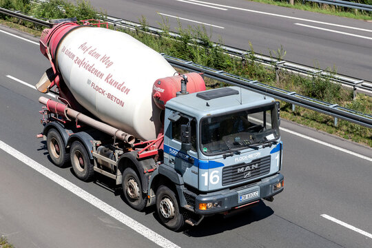 WIEHL, GERMANY - JUNE 25, 2020: Flock-Beton MAN concrete mixer on motorway.