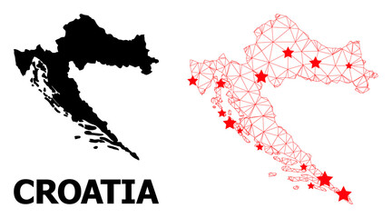 Naklejka na ściany i meble Mesh polygonal and solid map of Croatia. Vector model is created from map of Croatia with red stars. Abstract lines and stars are combined into map of Croatia.
