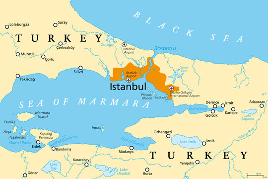 The Bosporus or Bosphorus, political map. The Strait of Istanbul, a narrow, natural strait and international waterway in Turkey. It connects the Black Sea with the Sea of Marmara. Illustration. Vector