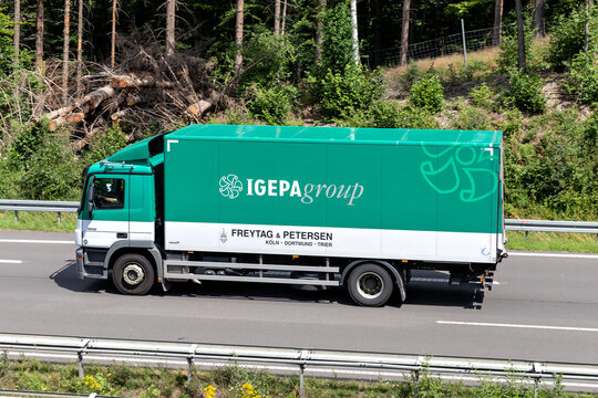 WIEHL, GERMANY - JUNE 25, 2020: IGEPAgroup Mercedes-Benz Atego truck on motorway.