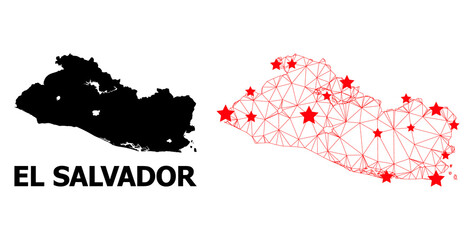 Mesh polygonal and solid map of El Salvador. Vector structure is created from map of El Salvador with red stars. Abstract lines and stars form map of El Salvador.
