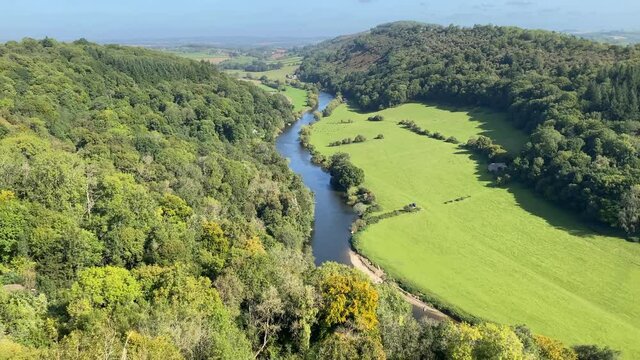 Scenic aerial view of the River Wye and the Wye Valley from the viewpoint on Symonds Yat rock. No people.