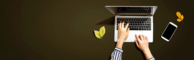 Autumn leaves with person using a laptop computer from above