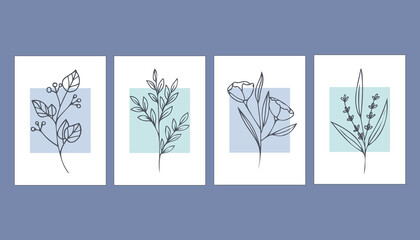 Collection of abstract posters with plants. Contemporary art. Minimalism. Vector illustration.