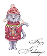Watercolor cute christmas cat with cup in a christmas sweater. Happy holidays card