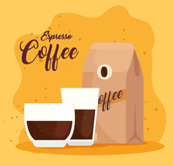 espresso coffee, cup and bags on white background vector illustration design