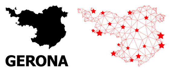 Network polygonal and solid map of Gerona Province. Vector structure is created from map of Gerona Province with red stars. Abstract lines and stars form map of Gerona Province.
