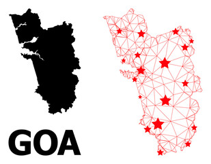 Mesh polygonal and solid map of Goa State. Vector structure is created from map of Goa State with red stars. Abstract lines and stars form map of Goa State.