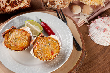 .Traditional Brazilian dish called Casquinha de siri. Crab meal gratin.