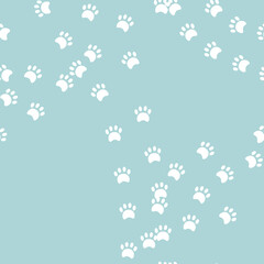 Fototapeta na wymiar Animal seamless pattern. Pawprint in turqoise background. Pattern for textile, fabric and paper. Vector illustration in cute cartoon style
