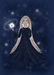 Fototapeta na wymiar Princess girl with long hair at night with a magic wand