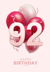Happy 92nd birthday with realistic red and rosegold balloons on light rose background. Set for Birthday, Anniversary, Celebration Party. Vector stock.