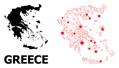 Network polygonal and solid map of Greece. Vector model is created from map of Greece with red stars. Abstract lines and stars form map of Greece.