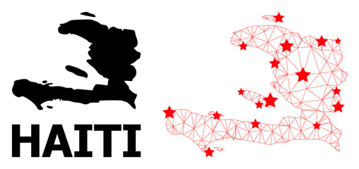 Network polygonal and solid map of Haiti. Vector model is created from map of Haiti with red stars. Abstract lines and stars form map of Haiti. Wire frame 2D triangular network in vector EPS format.
